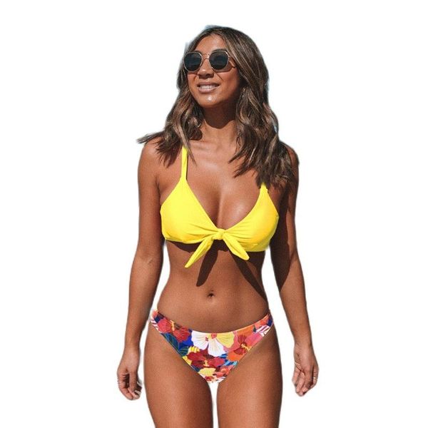 

one-piece suits bow floral low waist bikini sets swimsuit for women yellow tank two pieces swimwear 2021 summer beach bathing