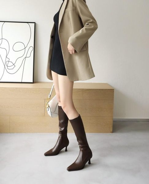 

boots knee-length women kitten heel zip 2021 autumn winter shoes heels pu pionted toe waterproof long boot footwear plus size 46, Black