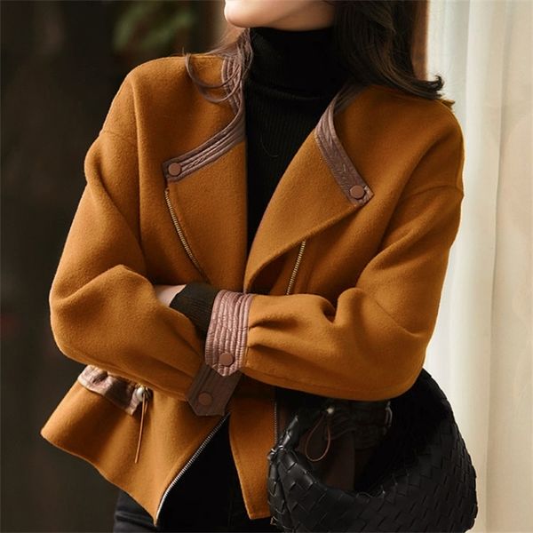 

21 spring and autumn fashion versatile wool tweed leather stitching commuter temperament drawstring slim jacket, Black