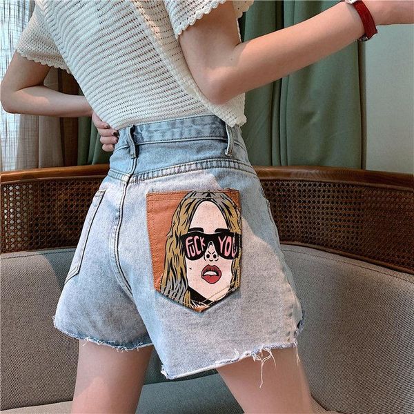 

women's shorts 2021 summer high waist denim women casual fashion cartoon print jeans loose washed wide leg short female, White;black