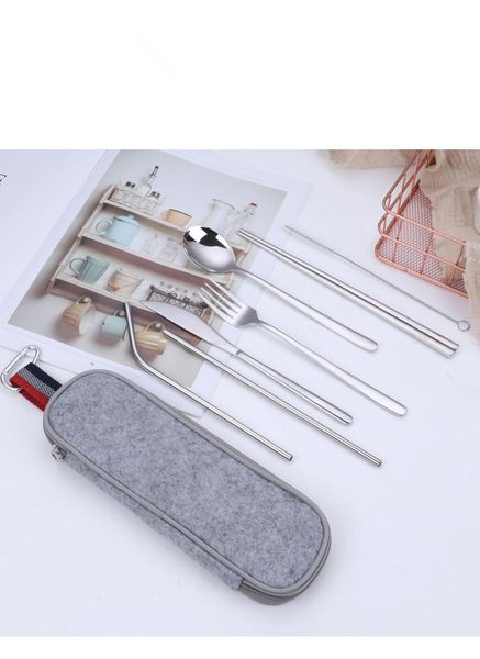 

dinnerware sets 1set set camping cutlery travel silverware reusable utensils metal straw spoon fork chopsticks portable case qa 152