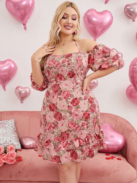 

plus floral print halter neck layered hem dress i9x7#, Black