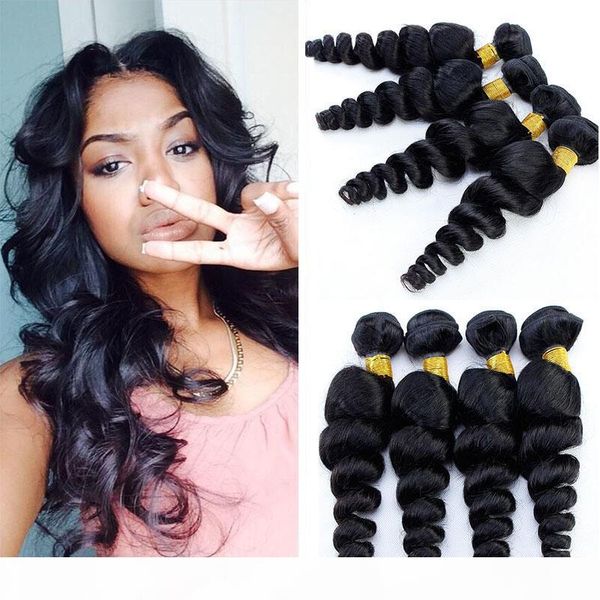 

malaysian virgin hair loose wave 4 bundles curly human hair weave malaysian loose wave human hair extensions, Black