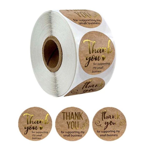 

500pcs/roll thank you for supporting my small business kraft stickers with gold foil round labels handmade