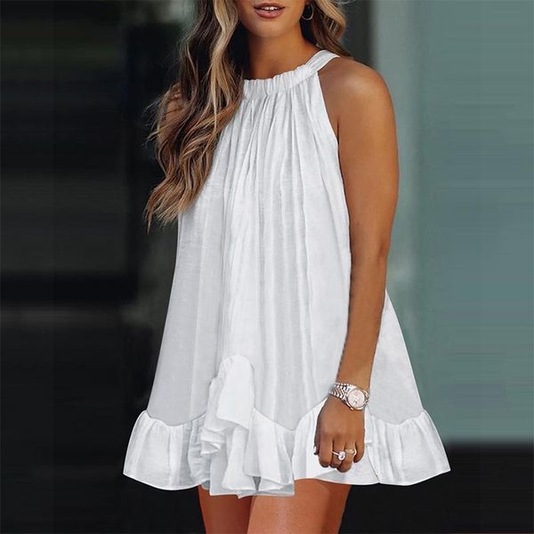 

casual dresses summer women dress elegant high waist halter sleeveless mini solid color party hanging neck ruffled off shoulder, Black;gray