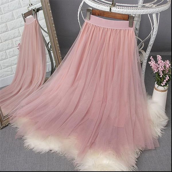

2021 spring high waist women skirt solid irregular mesh skirts tulle slim a line pleated skirts women jupe faldas saias outwear, Black