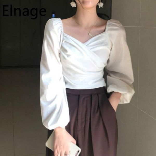 

women's blouses & shirts velvet lantern long sleeve white spring korean loose cross v-neck chic vintage elegant blouse black 5b388