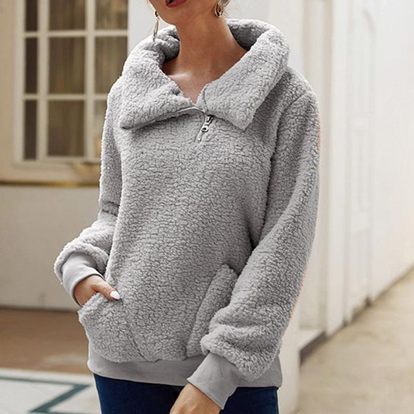 

women's hoodies & sweatshirts long sleeve solid hoodie women autumn winter pullover sweatshirt turn down collar plush zipper warm for, Black