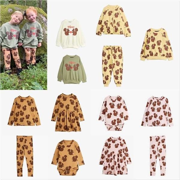 

kids clothes sets t-shirts autumn mini brand girls squirrel pattern dress cotton fashion infant baby boys casual pants 211025, White