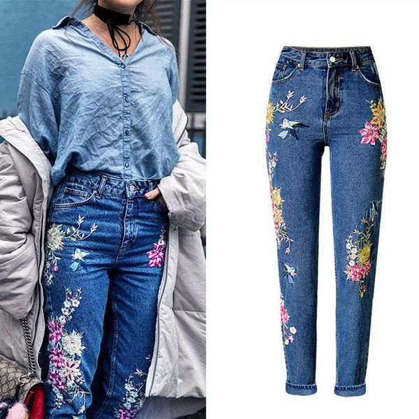

women's jeans high waist women boyfriends straight femme 100% cotton loose embroidered water to washdenim pants vaqueros mujer, Blue