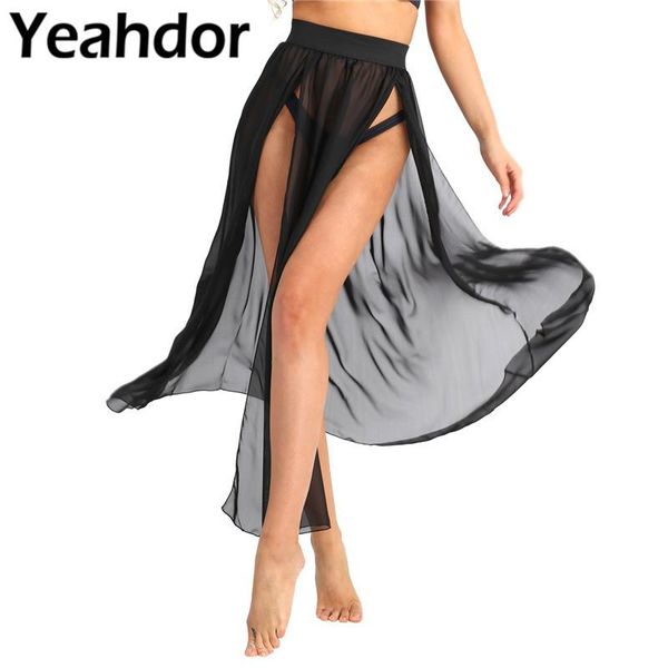

skirts summer women fashion sheer chiffon beach skirt see through flowy split long maxi swimsuit cover up, Black