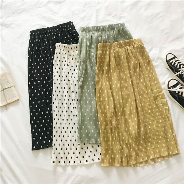 

polka dot print womens skirt elastic waist lace up summer pleated long ladies elegant female, Black