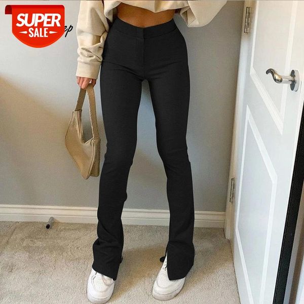 

weekeep black fitness sweatpants high waist streetwear elastic flare pants vintage split hem slim trousers female casual bottoms #d49i, Black;white