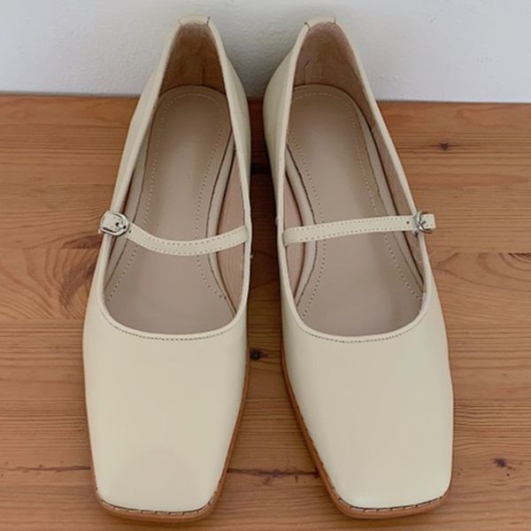

Womens genuine leather metal buckle mary jane flats square toe student style casual daily female soft comfortable footwear shoeDress Shoes, Beige