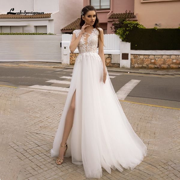 

new tulle es side slit robe mariee plus size boho wedding gowns appliques vestidos de novia 2021 viop, White