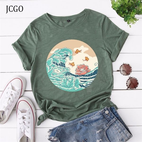 

jcgo summer t shirt women 100% cotton large plus size s-5xl sea print graphi tshirts o-neck short sleeve vintage casual tee 210315, White