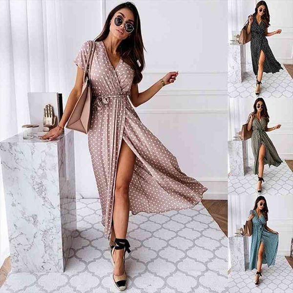 

boho polka dot long women dress split short sleeve summer casual streetwear black maxi vestidos, Black;gray