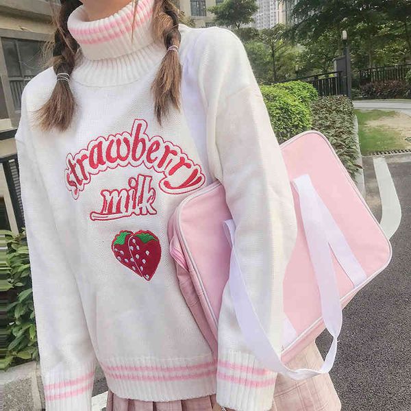 

women's sweaters japanese soft girl, turtleneck, beautiful woman's nightgown, strawberry embroidered pullover, long sleeve sweater, White;black