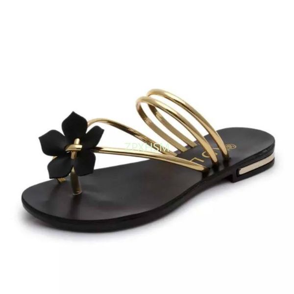 

zpxhsm 2021 new fashion women sandals sweet flower girls slippers summer girl's flat strap women's sandals metal woman shoes402, Black