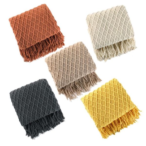 

blankets & swaddling nordic summer air condition blanket knitted plaid soild color sofa throw with tassels travel nap shawl