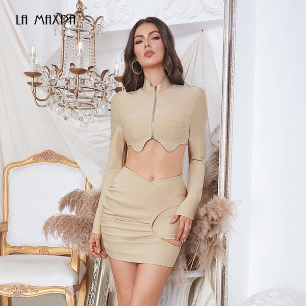 

two piece dress spring long sleeve short + hollow covered hip skirt bandage 2-piece set fashion celebrity party, White