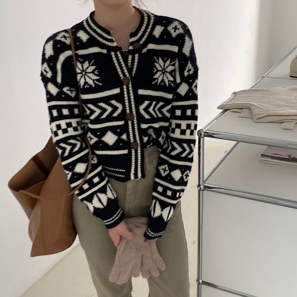 

2021 new autumn winter thick warm sweater coat women elegant ol single-breasted print short knitted cardigan outwear us5i, White;black