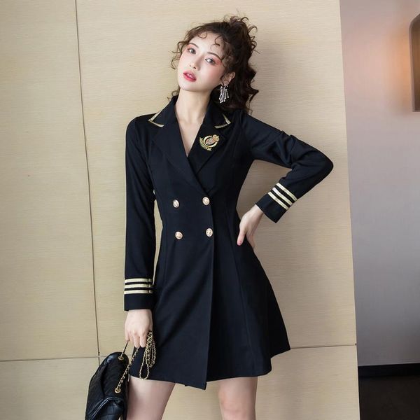 

uniform style blazer dresses double breasted slim waist long sleeve casual suit woman plus size embroidery blazers women black, White;black