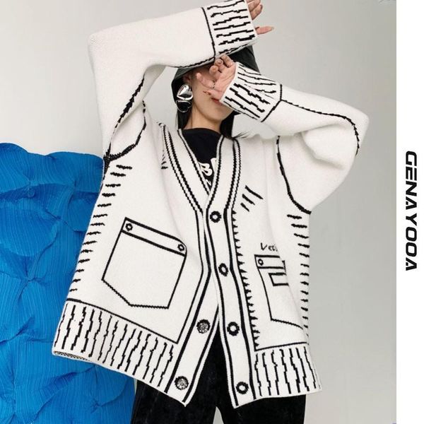 

women's knits & tees genayooa print graffiti unique cardigan women loose v-neck long sleeve luxury knitted female cardigans coat y2k 20, White