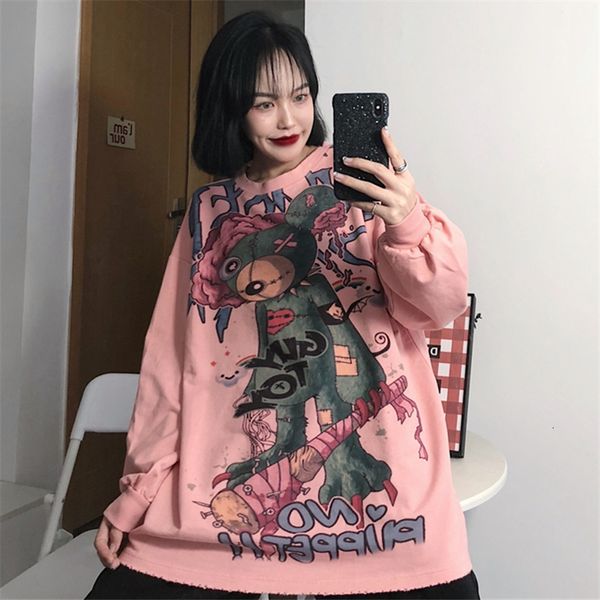 

2021 new autumn dark funeral bear long-sleeved women loose streetwear capless round neck sweatshirt 6bl7, Black
