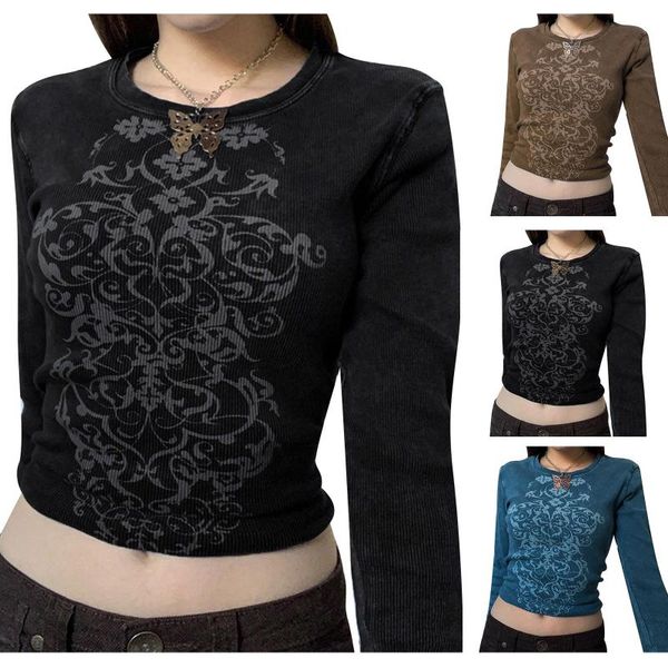 

women's t-shirt women 2021 fashion retro print slim round neck pullover long sleeve streetwear, White