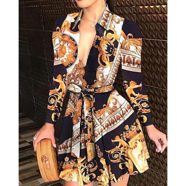 

casual dresses women long sleeve mini shirt dress chain print deep v vintage floral spring autumn female party beach, Black;gray