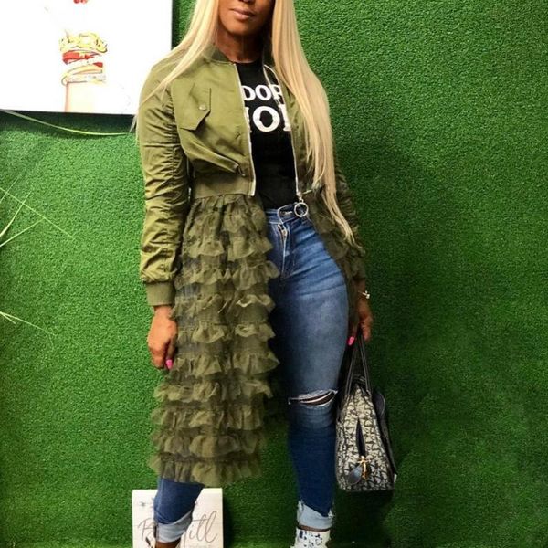 

women's trench coats wholesales solid color women's long sleeve zippered ruffled mesh patchwork jacket coat, Tan;black