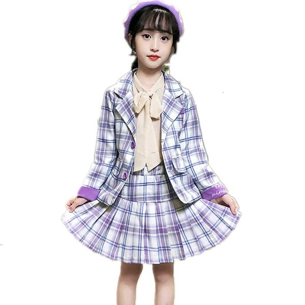 

2021 new teenage set of girls plaid double suits breasted blazer and skirt suit jackets school sweatpants kids clothes 4nzp, White