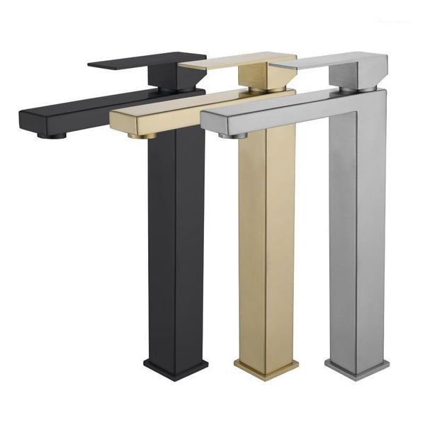 

gold brushed black brass single straight handle mixer high basin faucets1