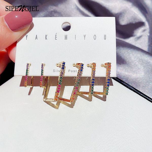 

hoop & huggie sipengjel fashion rainbow colored earrings set for women punk geometric square jewelry 2021, Golden;silver