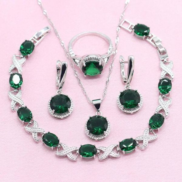 

earrings & necklace 2021 green semi-precious women silver color jewelry sets with bracelet pendant ring gift box