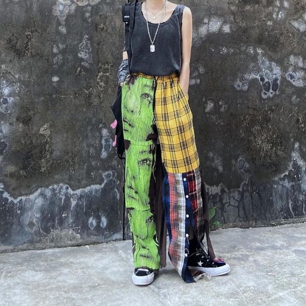 

men's pants high street personality cry portrait patchwork casual men and women loose plaid trousers harajuku side botton, Black