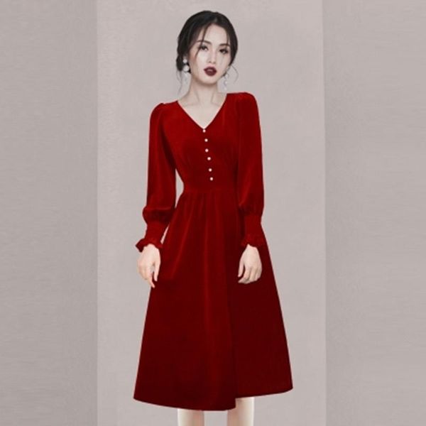 

vintage puff sleeve velvet spring autumn long sleeves slim v-neck women dress elegant a-line party midi dresses female, Black;gray