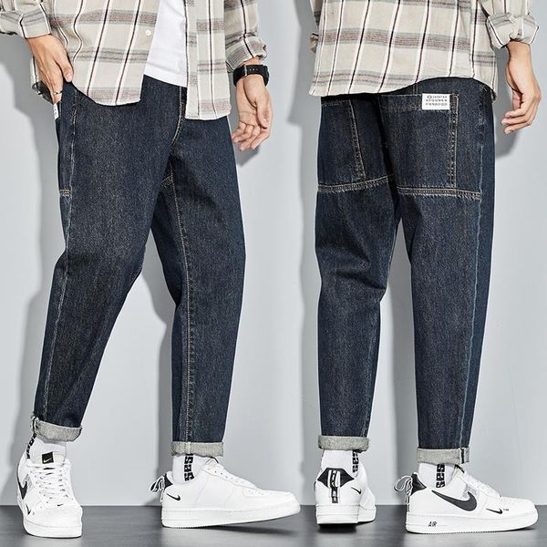 

men's jeans mens harem pants fashion pockets desinger dark blue loose fit baggy moto men streetwear relaxed tapered cowboy