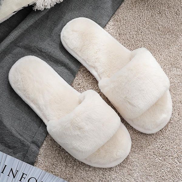 

slippers 2021 women fuzzy faux fur fluffy flip flops open toe cozy house slides soft plush anti-slip indoor floor flat shoes, Black