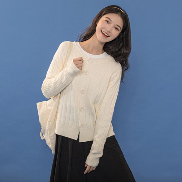 

women fashion korean knitted cardigan vintage long sleeve singlr breasted round collar solid color cardigan sweater female, White