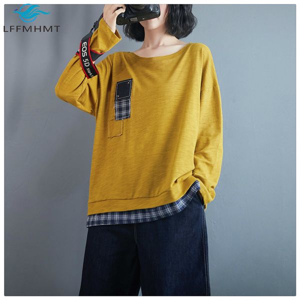 

2021 new women spring fall fashion korean style round neck plaid patchwork long sleeve cotton large size casual t-shirt bottoming tee uh, White