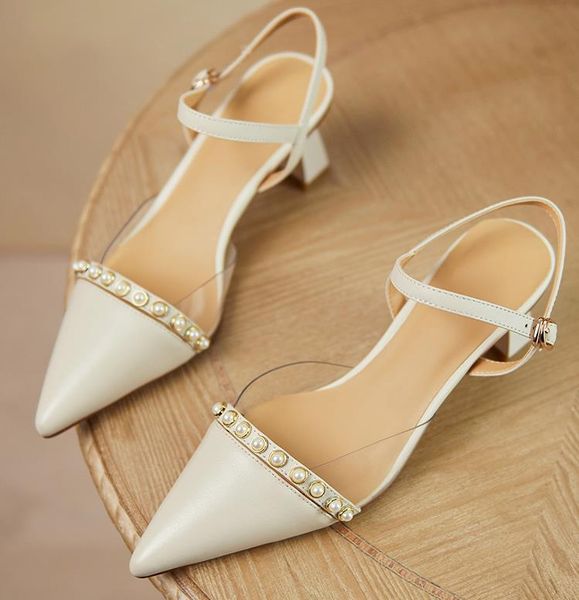 

sandals high heels women 2021 style summer pearl evening breeze gentle fairy stiletto mid-heel shaped toe cap, Black