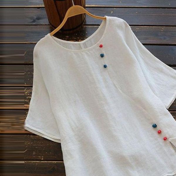 

women plus size blouse vintage pure color o neck short sleeve loose blusas mujer de moda womens and blouses s, White