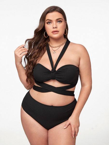 

plus crisscross knot high waisted bikini swimsuit 12gi#, Black