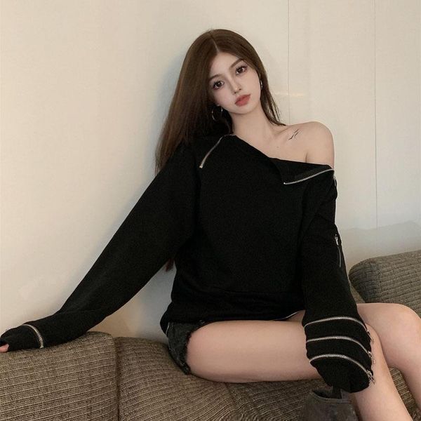 

women's hoodies & sweatshirts streetwear black asymmetry off shoulder zipper sweatshirt ins aesthetic korean fashion clothing women aut