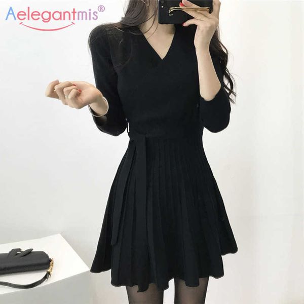 

aelegantmis fashion sashes women long sleeve sweater dress casual spring autumn knee-length female v-neck knitted es 210607, Black;gray