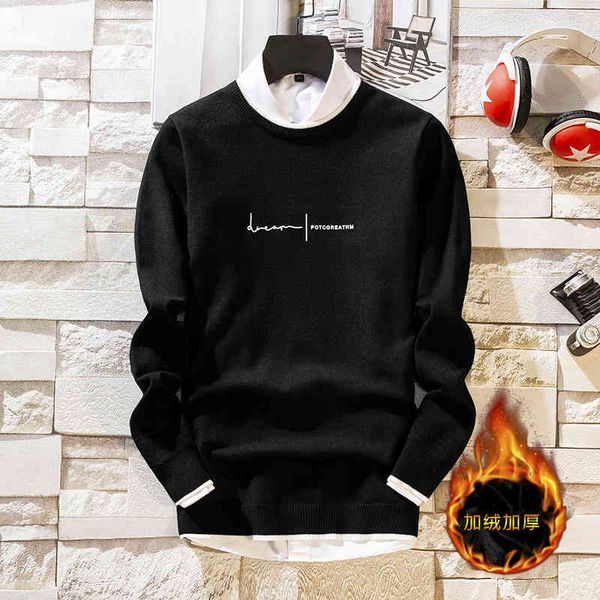 

sweater knit men's t shirt winter trend plush thickened warm round neck pullover bottomed wear, White;black
