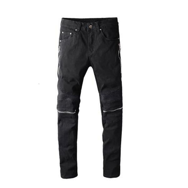 

2021 new men's male black zippers pleated pu leather patch biker jeans fashion streetwear slim skinny stretch denim pants trousers ppfh, Blue