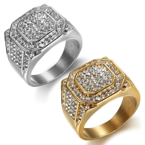 

cluster rings us 7 to 13 size hiphop silver rhinestone iced out bling big square ring ip gold filled 316 stainless steel for men jz018, Golden;silver